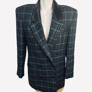 D'Oraz Double Breasted Blazer Jacket Black Gray Teal 100% Wool Houndstooth